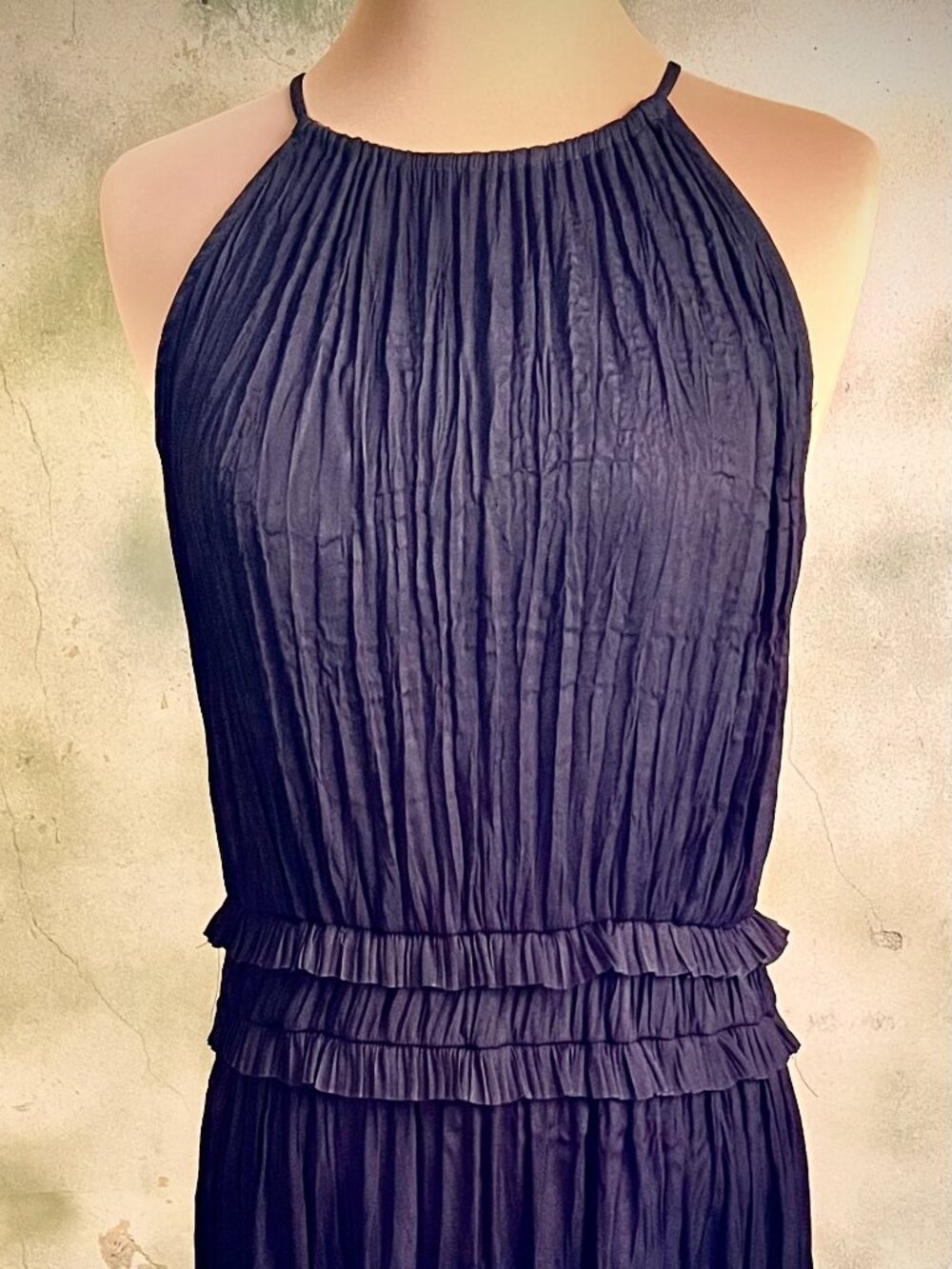 Current Air Los Angeles M Charcoal Navy Pleated Maxi Dress Open Back